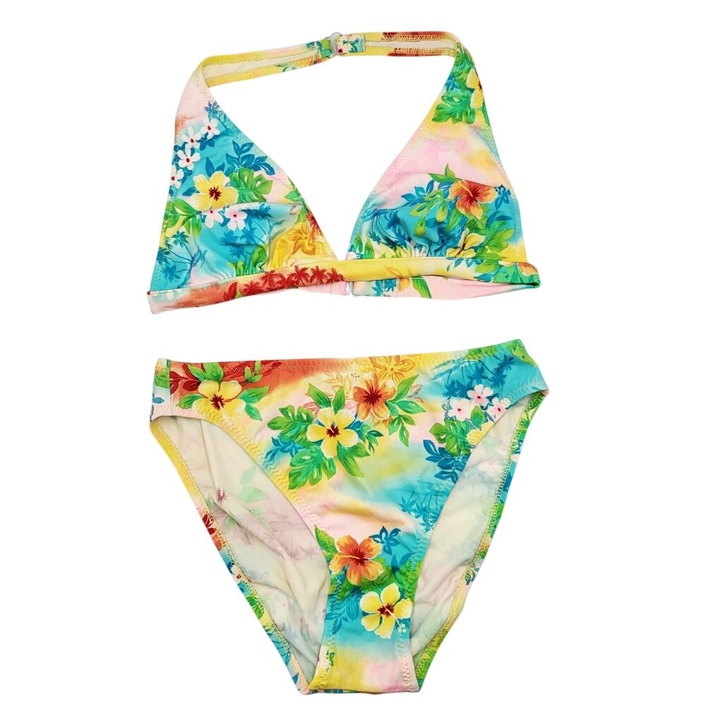 Vintage California Waves Tropical Floral Print High Cut Bikini Set Womens Size M